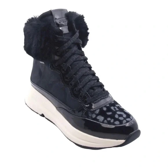 Geox Backsie Amphibiox Winter Boots Animal Print Faux Fur Black Size 7.5 Lace Up - Picture 1 of 10